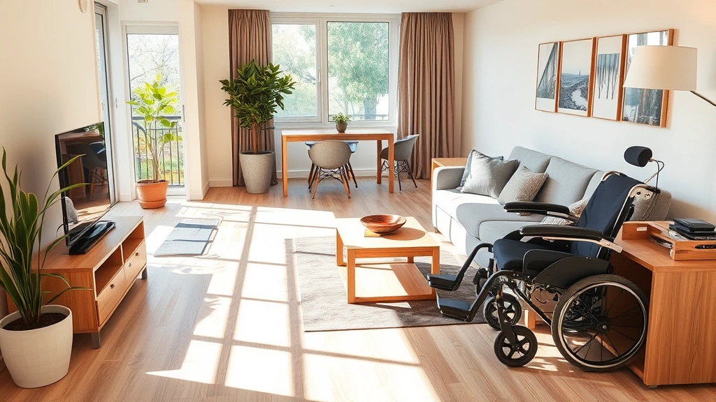 Accessible apartment interior showing ground floor living space with mobility-friendly features and natural lighting