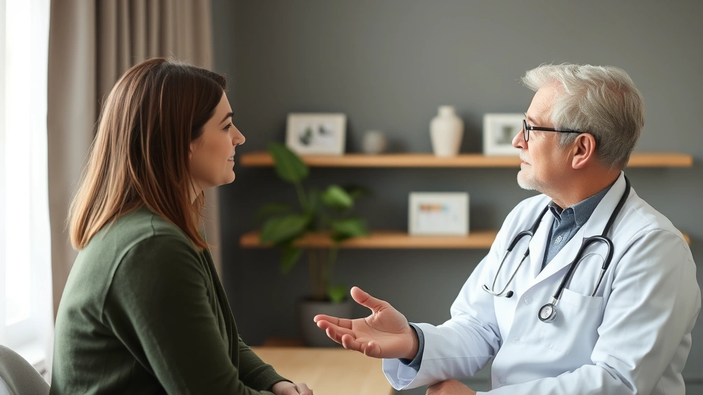 Professional consultation meeting between patient and doctor discussing housing accommodation needs in clinical setting