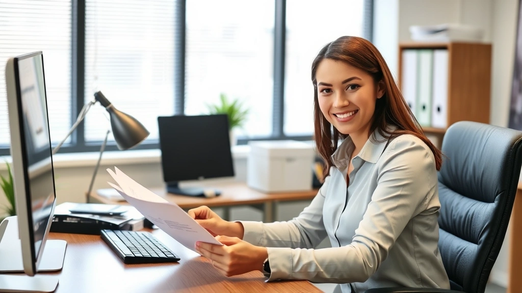 Professional HR manager at desk reviewing accommodation request documents with supportive expression, office setting