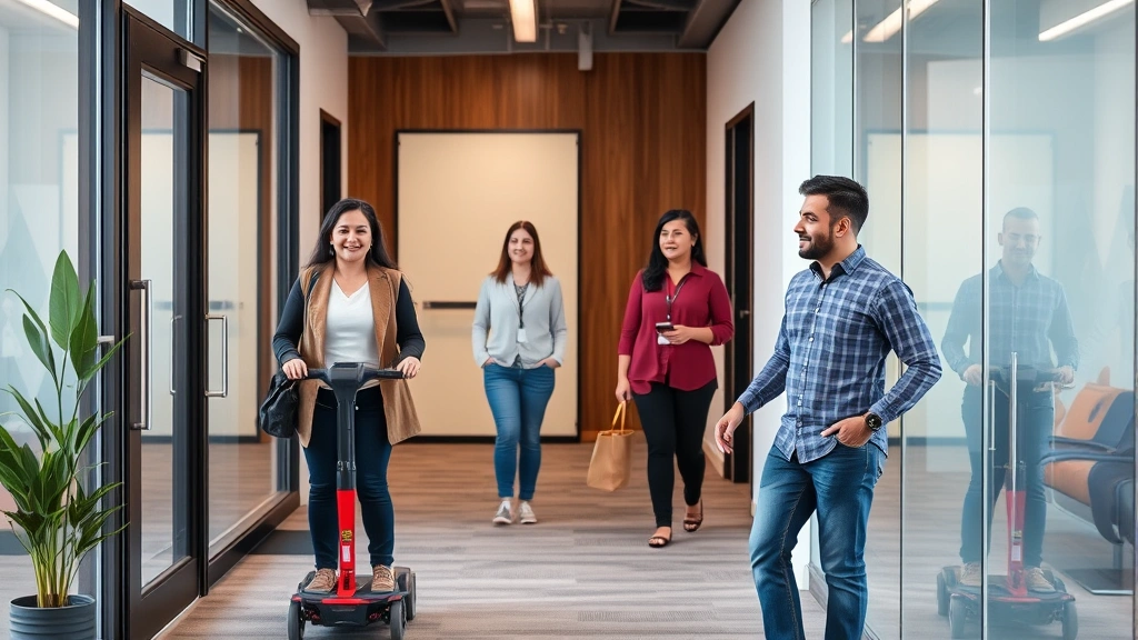 Diverse employees in modern office space, one using mobility device near accessible entrance, inclusive workplace environment