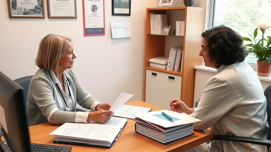Healthcare provider's office with patient and doctor discussing disability documentation, medical records on desk