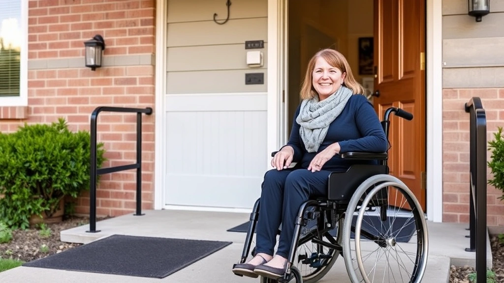 Woman in wheelchair smiling at apartment entrance with accessible ramp and ground level accessibility features