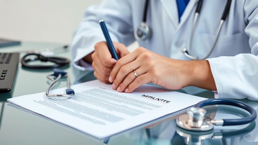 Healthcare provider at desk writing medical documentation with stethoscope and professional letterhead visible