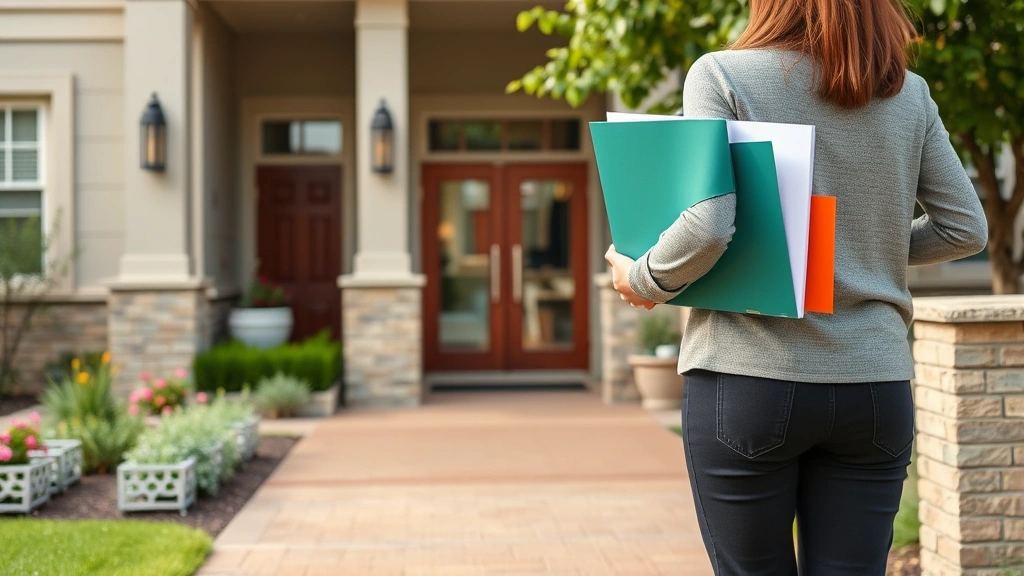 Person holding folder with documents walking toward residential building with welcoming entrance and accessible features