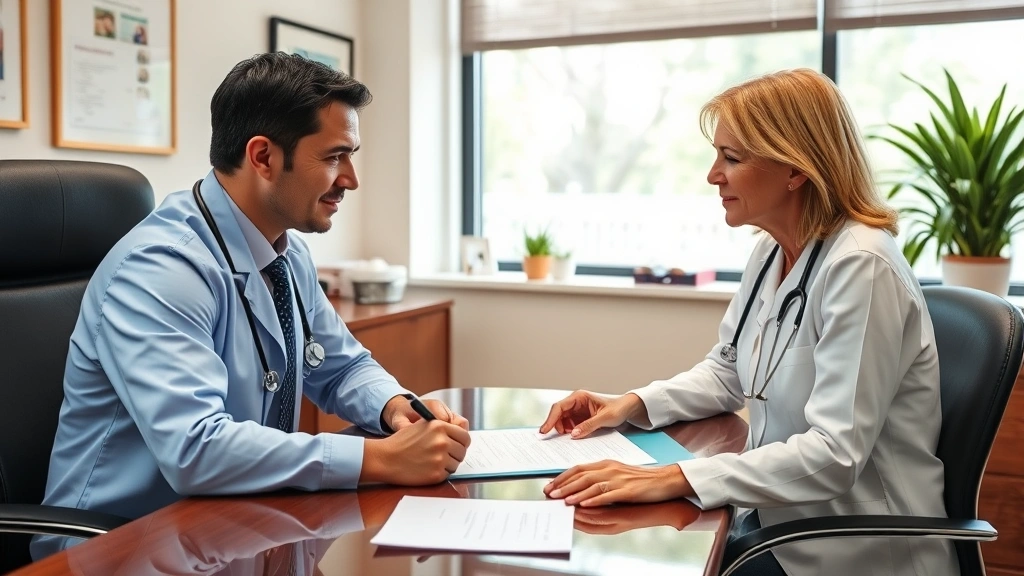 Healthcare provider in medical office writing accommodation letter at desk with patient sitting across from them, warm profes