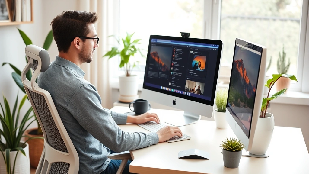 Person working remotely from home office at computer desk, comfortable ergonomic setup, peaceful home environment with plants