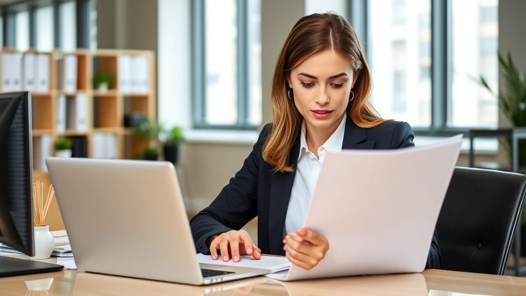 Professional woman reviewing accommodation request documents at office desk with laptop, thoughtful expression, modern workpl
