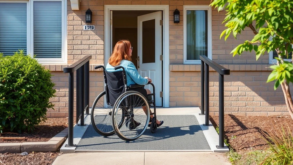 Woman in wheelchair using accessible ramp entrance to apartment building in daylight