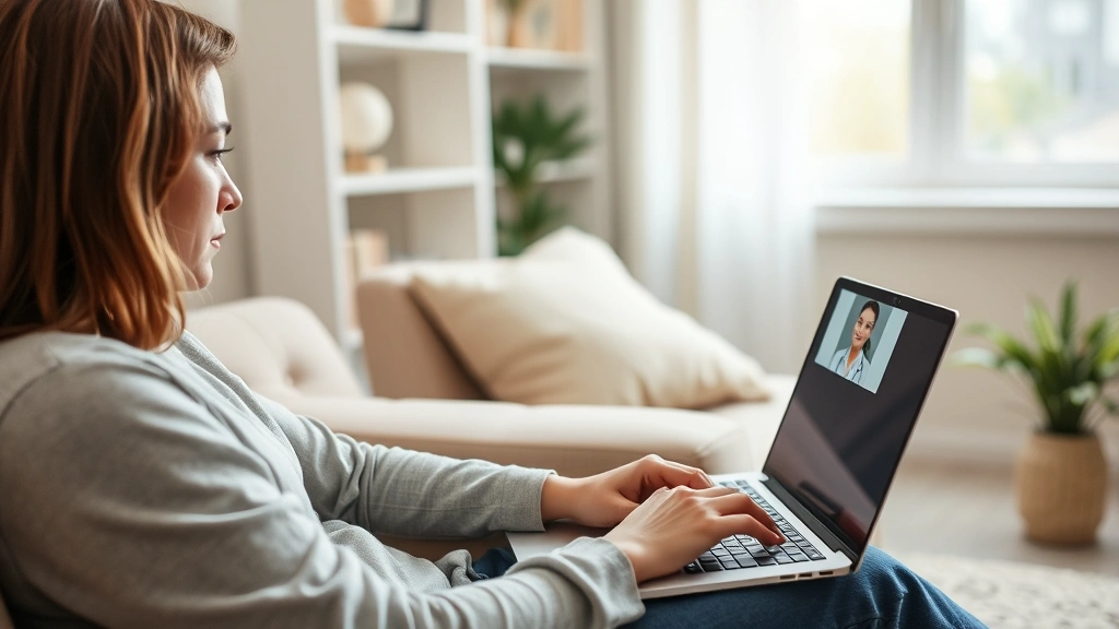 Person sitting at home looking at laptop during telehealth consultation with healthcare provider