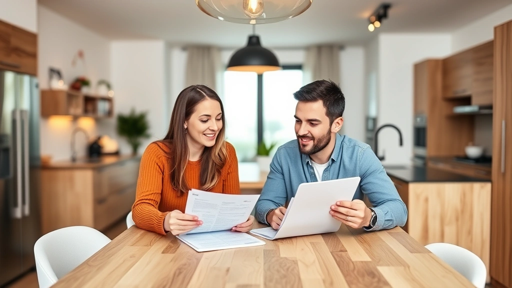 Diverse couple reviewing documents together at kitchen table in modern apartment