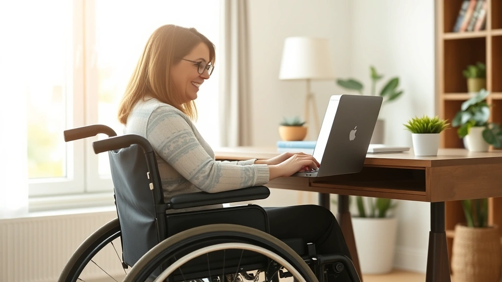 Woman in wheelchair using laptop at home desk, smiling, natural sunlight through window