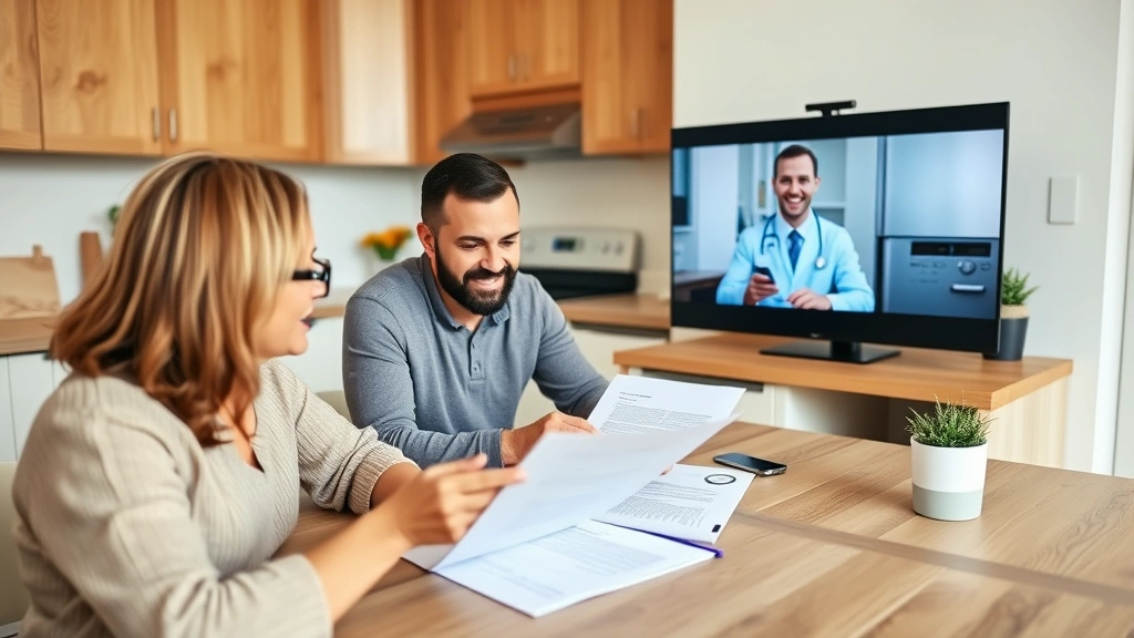 Diverse couple reviewing documents together at kitchen table, healthcare provider on video call screen