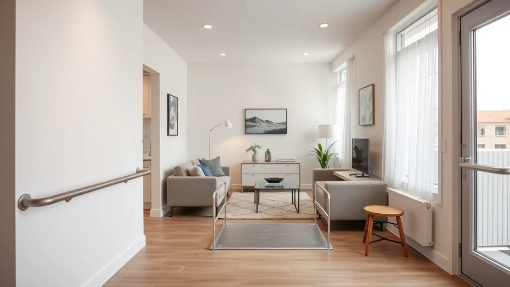Calm residential interior showing accessible features like grab bars and ramp, modern apartment living room
