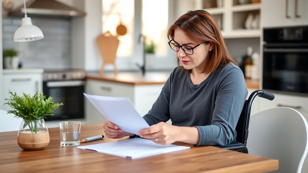 Diverse woman in wheelchair reviewing housing lease documents at kitchen table with warm natural lighting