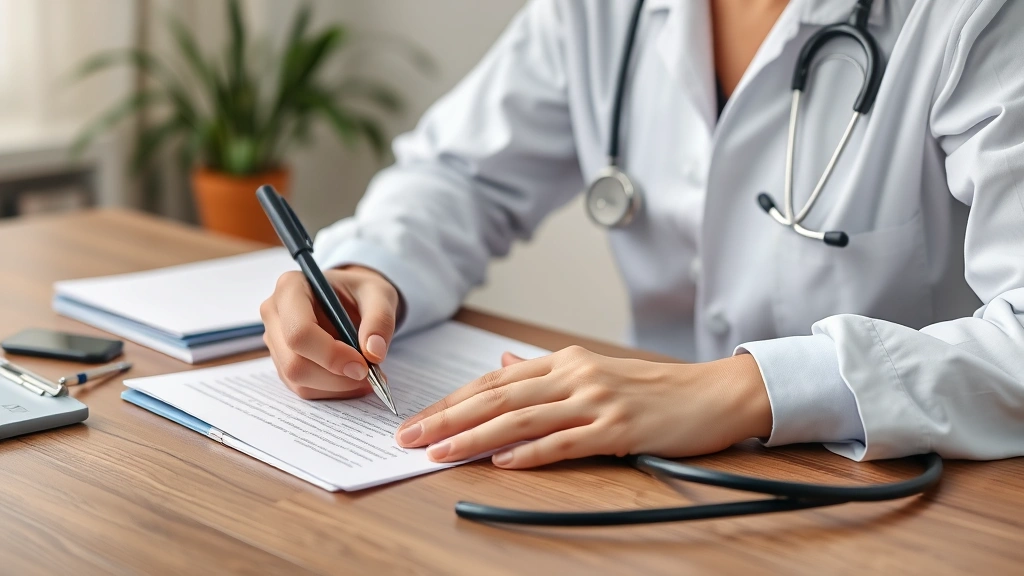 Licensed healthcare provider writing medical accommodation letter at desk with stethoscope and medical records