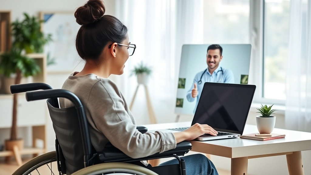Diverse woman in wheelchair video call with male doctor on laptop screen, bright home office background, natural lighting