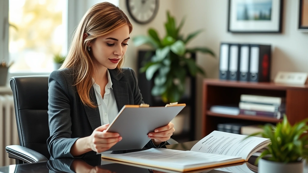 Professional female therapist with clipboard reviewing documents at desk, warm office setting, credentialed environment