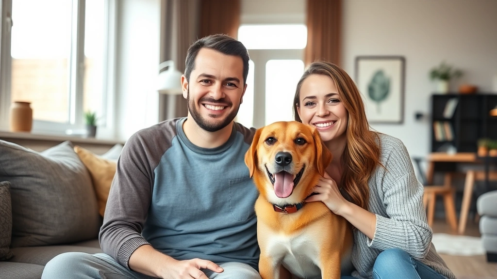 Smiling couple with emotional support dog in modern apartment living room, natural window light, accessible features visible