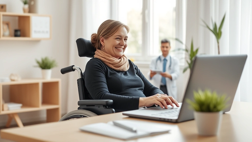 Woman in wheelchair on video call with healthcare provider on laptop in bright home office setting