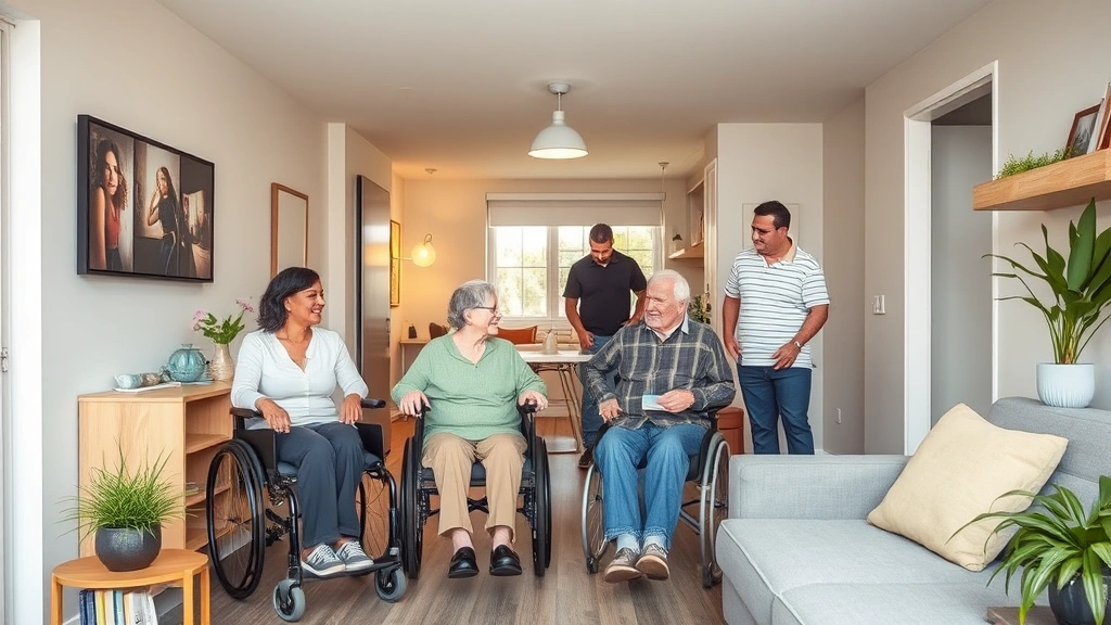 Diverse group of people in accessible apartment with ground floor layout and mobility-friendly design elements