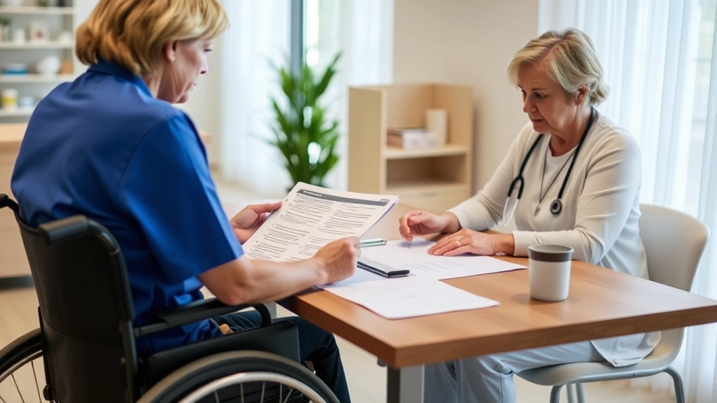 woman in wheelchair reviewing documents at table with healthcare provider discussing lease accommodation options