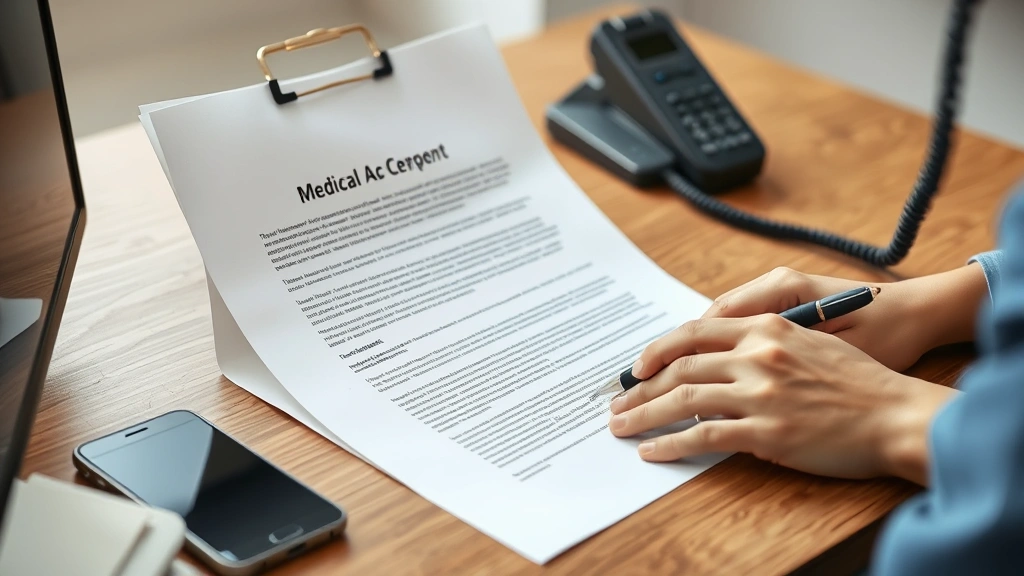 person on phone at desk with medical letter and lease documents preparing reasonable accommodation request
