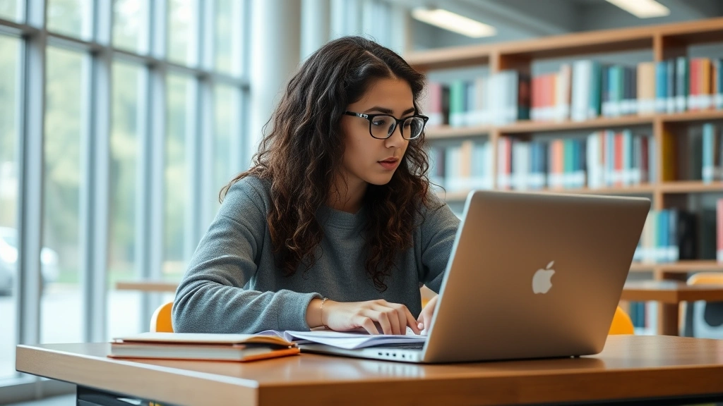 Student at desk with laptop and papers looking thoughtful and focused during study session in bright university library setti