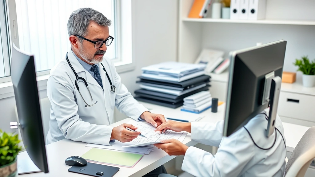Healthcare provider in white coat reviewing medical documents at desk with stethoscope and computer in clinical office enviro