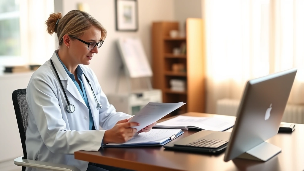 Professional healthcare provider in white coat reviewing medical documents at desk with patient sitting across, warm office l
