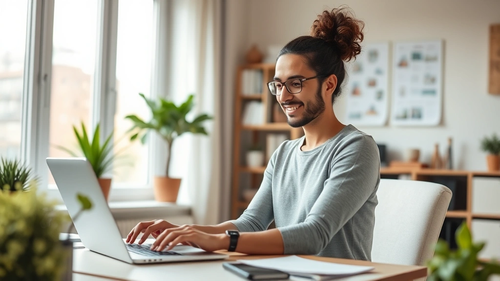 Diverse employee working at laptop in home office setting with reduced workload, relaxed posture, natural window light, welln