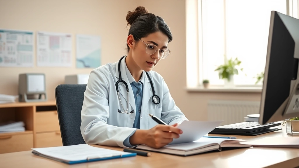 healthcare provider reviewing patient documents at desk, professional office setting, warm lighting
