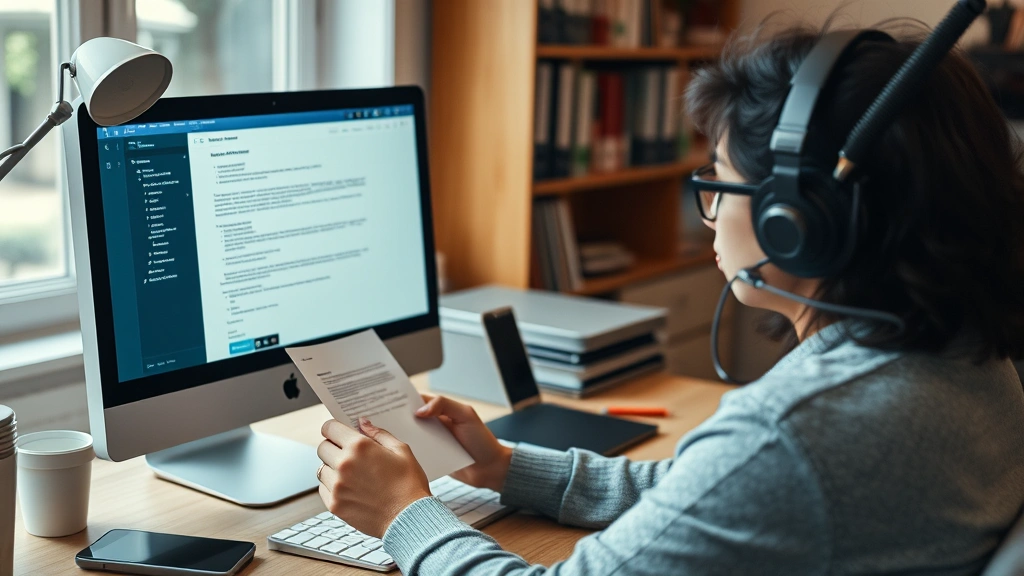 person at computer sending email letter, home office workspace, focused expression