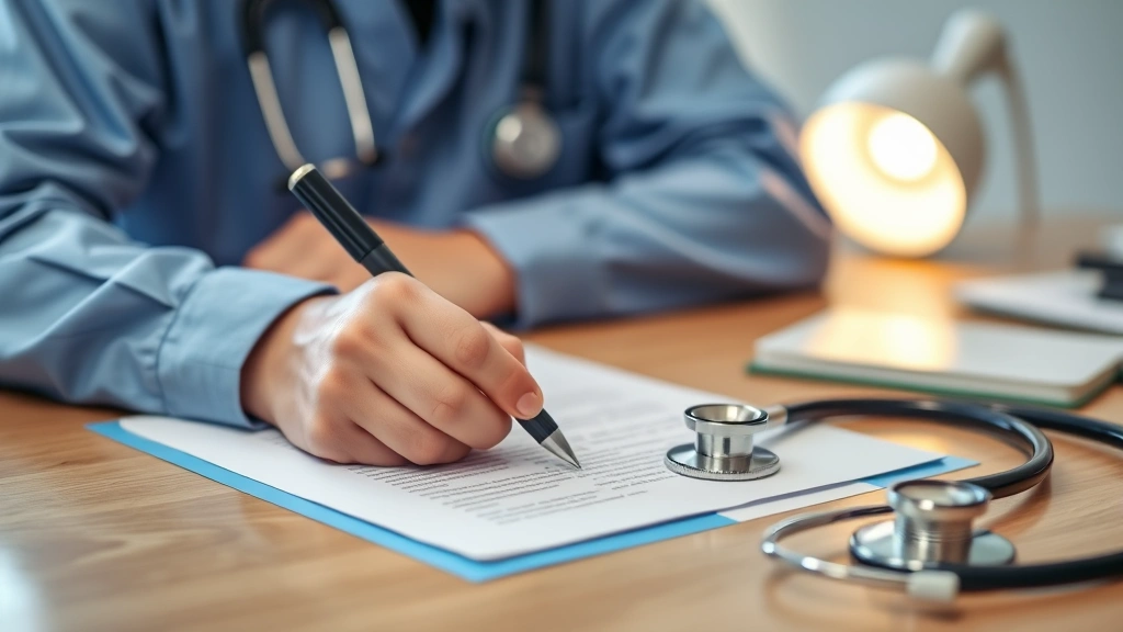 medical professional writing confirmation letter at clinic desk with stethoscope nearby
