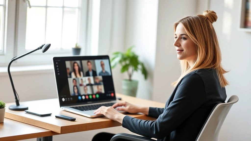 Woman sitting at home at desk with laptop video conferencing with professional, natural lighting from window, calm supportive