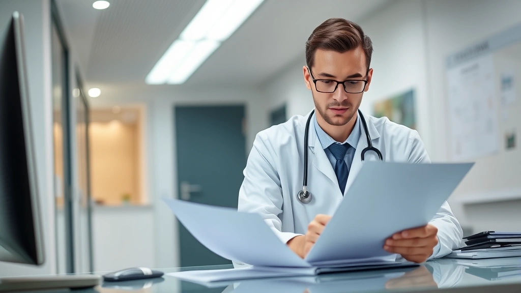 Diverse healthcare provider in white coat reviewing medical documents at desk, focusing intently on paperwork, modern clinic