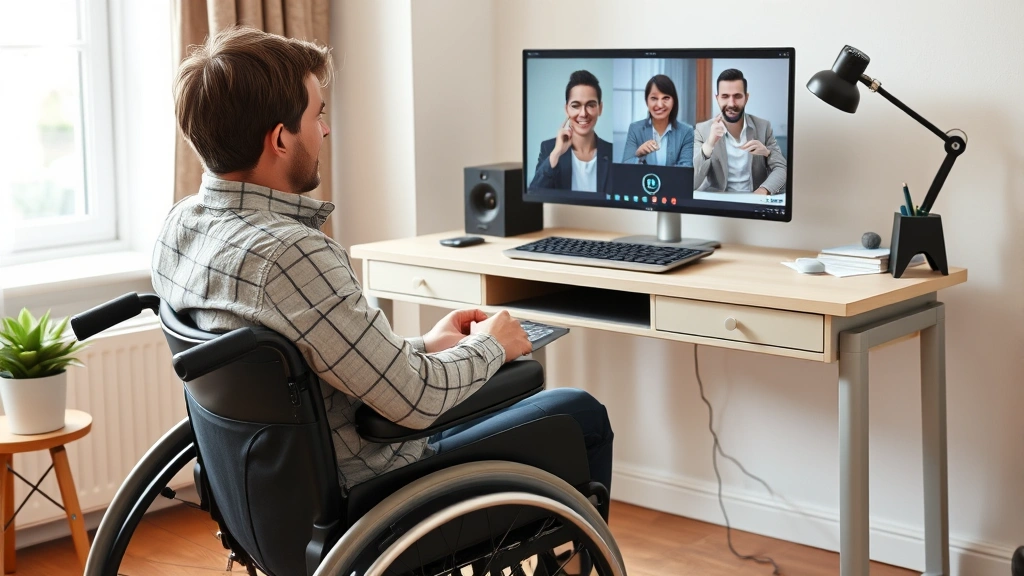 Person in wheelchair using laptop at home office desk, engaged in video call, accessible workspace with ergonomic setup