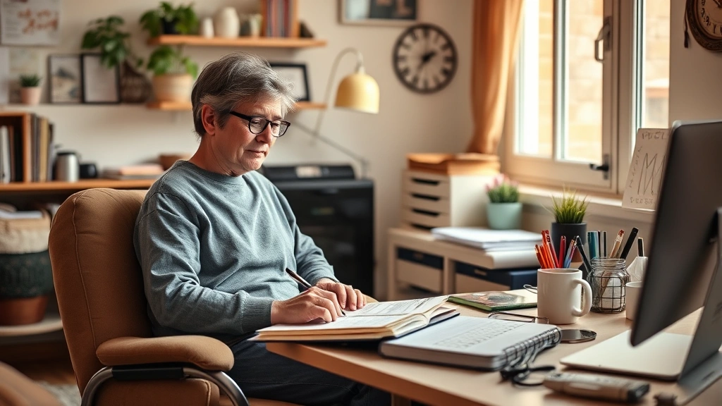 Student with chronic illness studying from home office with comfortable setup and medical supplies nearby, warm natural light