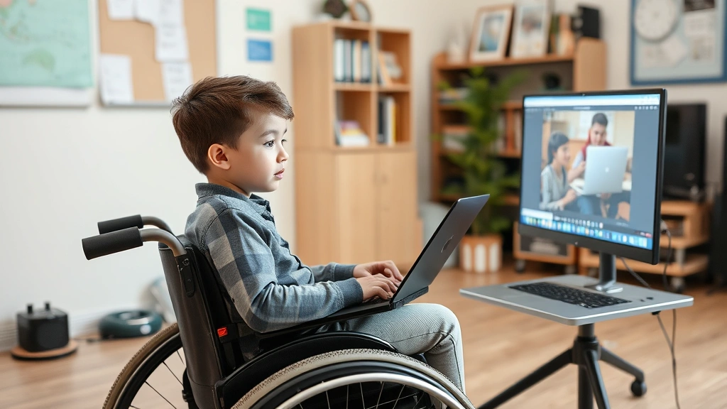 Student in wheelchair with laptop attending virtual class, inclusive education environment with supportive technology setup