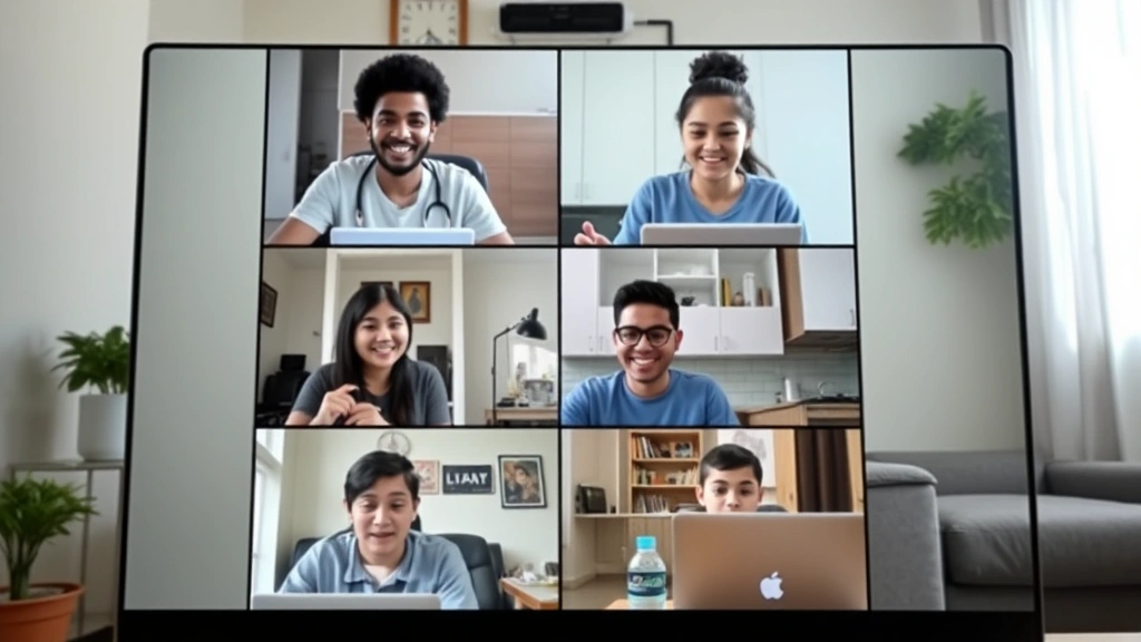 Diverse students participating in video conference class from different home settings, engaged and focused on learning