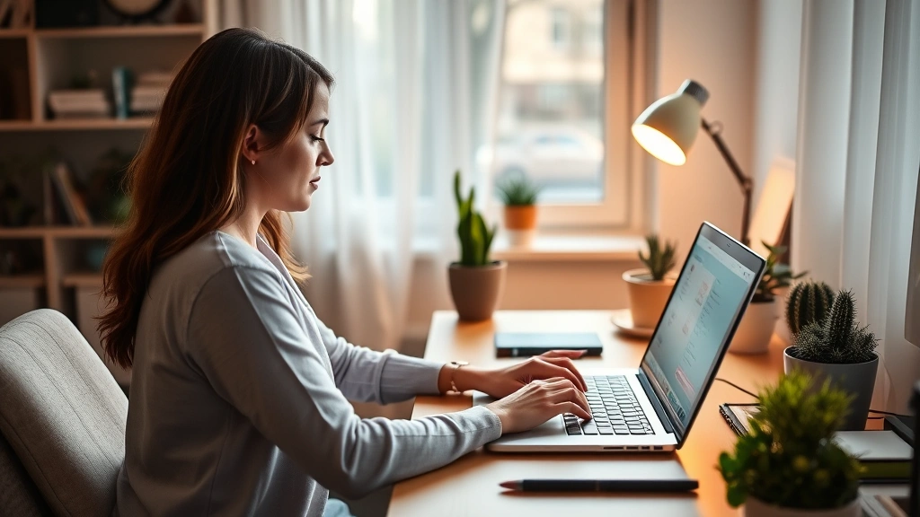 Person working at home desk with laptop, comfortable lighting, plants visible, peaceful home office environment, person appea