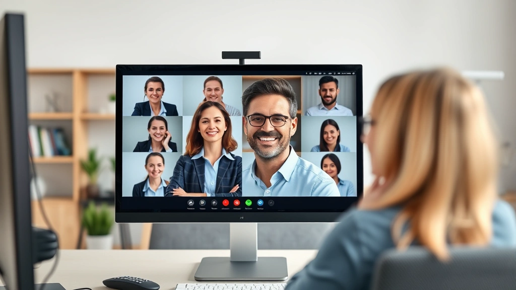 Diverse professional in video conference call on computer monitor, smiling, engaged conversation, modern home office setup wi