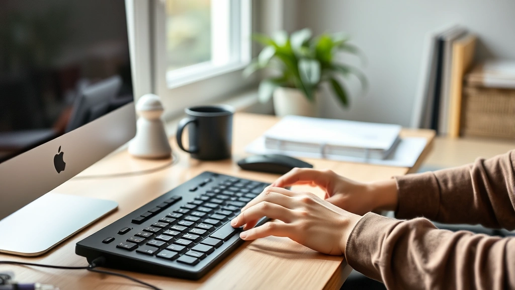 Hands typing on keyboard at home workspace, natural window light, coffee cup nearby, organized desk with minimal clutter, pro