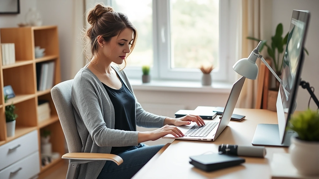 Woman sitting at home office desk working on laptop with natural light from window, relaxed and focused, cozy workspace setup
