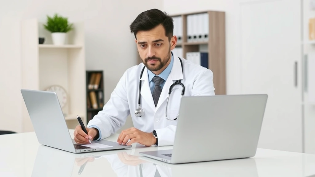 Doctor in white coat writing medical notes at desk with laptop, professional healthcare setting, serious and attentive expres