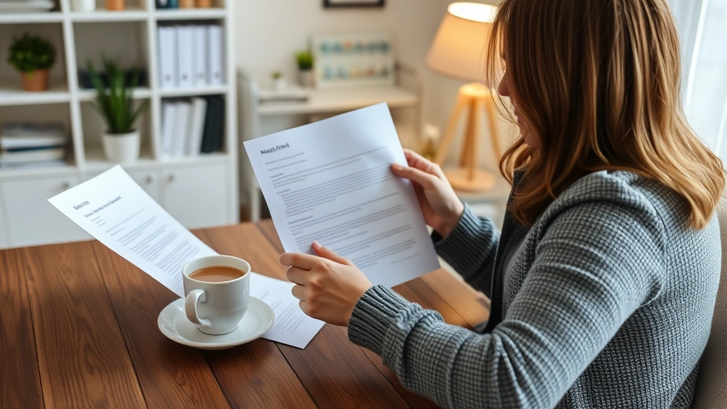Person reviewing documents at table with cup of tea, reading accommodation letter, thoughtful expression, home office environ