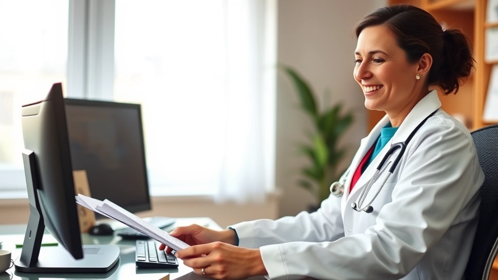 Healthcare professional in white coat at desk reviewing medical documents with stethoscope and computer, warm office lighting