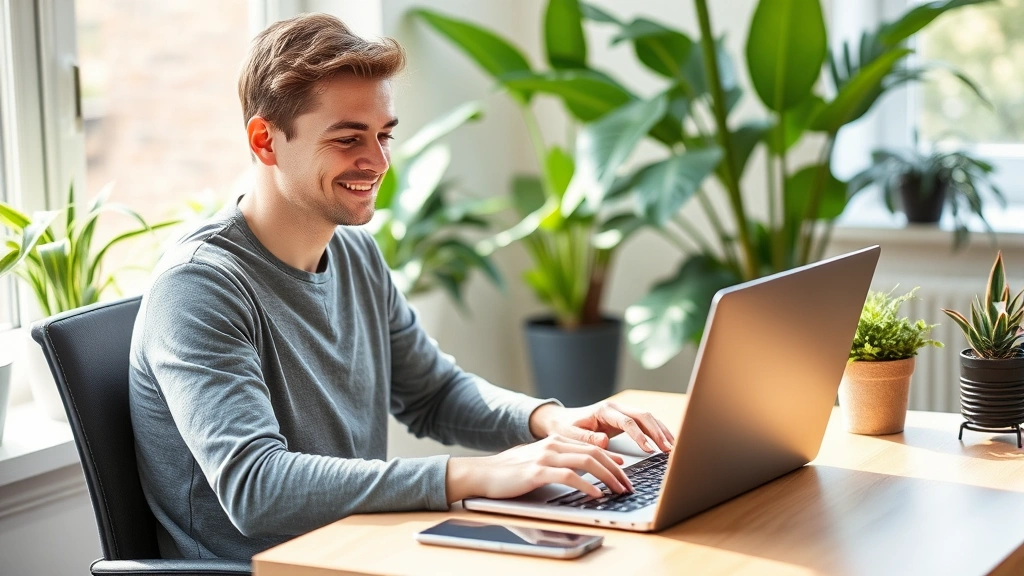 Person working on laptop at home desk near window with natural light, plants in background, comfortable ergonomic setup, peac