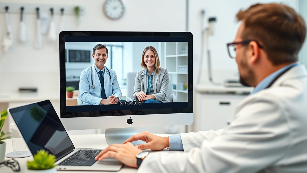 Doctor having virtual telehealth consultation on computer screen with patient, professional medical office background, caring