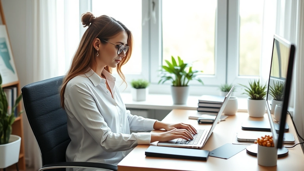 Professional woman working at home office desk with laptop, comfortable posture, natural lighting from window, peaceful work