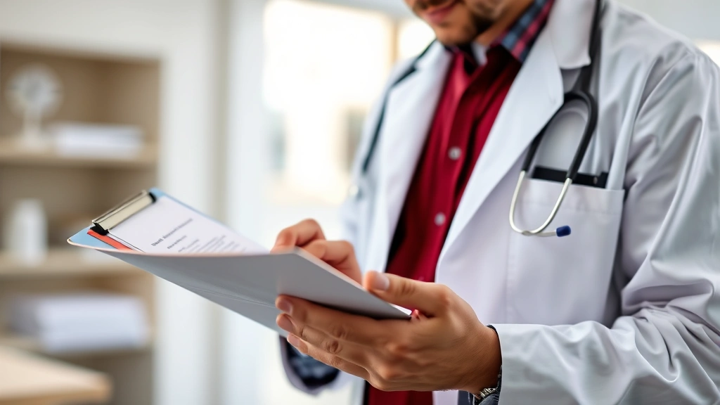 Doctor in white coat holding medical clipboard reviewing patient accommodation letter, professional healthcare setting, focus